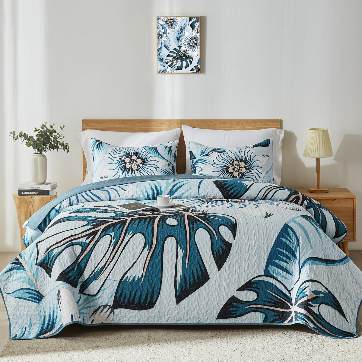 Yogeneg Queen Quilt Bedding Set,Green Pink Botanical Pattern Sky Blue Full/Queen Quilt Set,3 Piece Lightweight Soft Summer Bedspread Coverlet with 2 PIillow Shams,All Season(Sky Blue,90"x96")