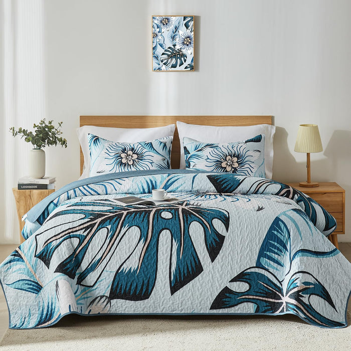 Yogeneg Queen Quilt Bedding Set,Green Pink Botanical Pattern Sky Blue Full/Queen Quilt Set,3 Piece Lightweight Soft Summer Bedspread Coverlet with 2 PIillow Shams,All Season(Sky Blue,90"x96")