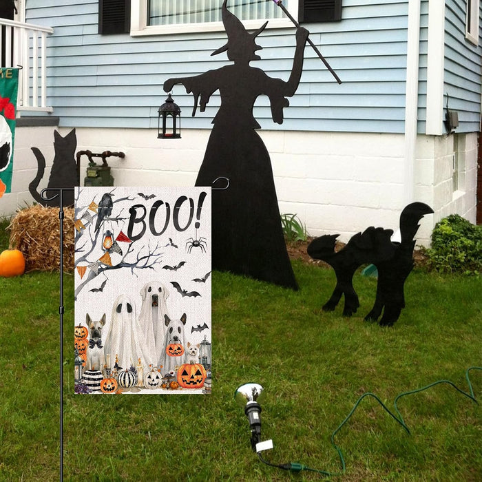 Halloween Boo Garden Flag 12x18 Inche Double Sided, Scary Spooky Dog Ghost Bat Pumpkins Autumn Burlap Garden Flags for Halloween Themed Party Farmhouse Holiday Seasonal Decor