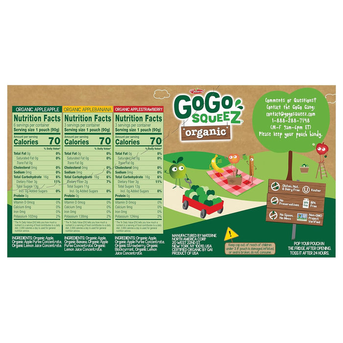 GoGo squeeZ Organic Applesauce and Fruit Puree, Variety Pack, Apple, Strawberry & Banana, 3.2 oz (Pack of 12), Unsweetened Organic Fruit Snacks for Kids, No Gluten, Nut & Dairy, BPA Free Pouches