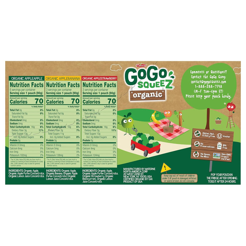 GoGo squeeZ Organic Applesauce and Fruit Puree, Variety Pack, Apple, Strawberry & Banana, 3.2 oz (Pack of 12), Unsweetened Organic Fruit Snacks for Kids, No Gluten, Nut & Dairy, BPA Free Pouches