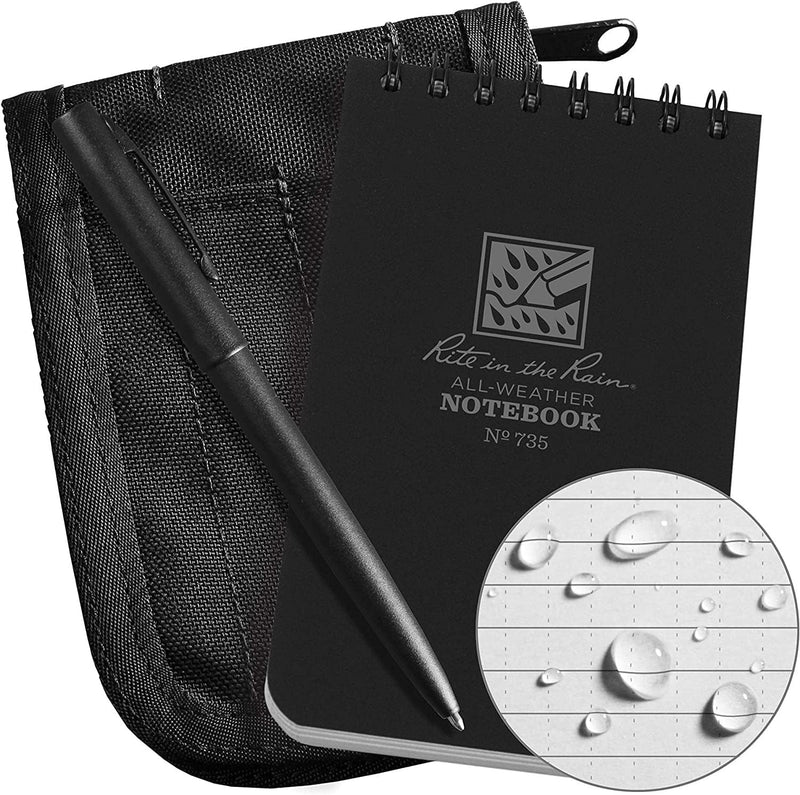Rite in the Rain Weatherproof 3" x 5" Top Spiral Notebook Kit: Black CORDURA Fabric Cover, 3" x 5" Black Notebook, and Weatherproof Pen (No. 735B-KITL)