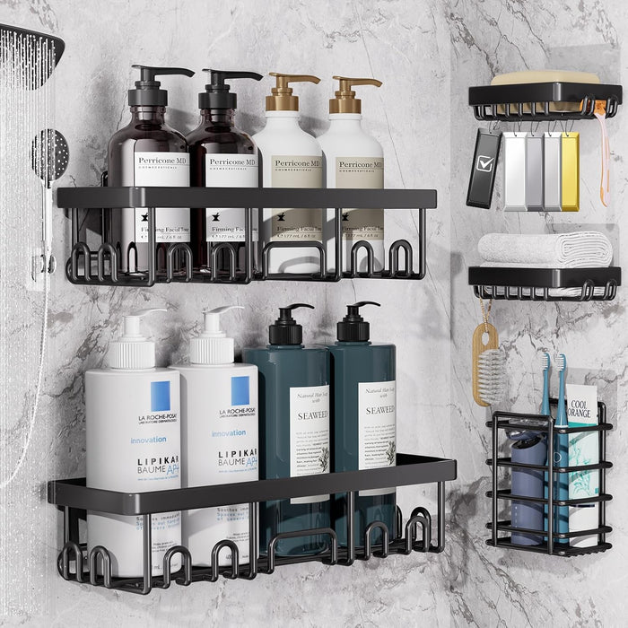 Veken Rustproof Shower Caddy 6-Pack, No Drilling & Waterproof Adhesive Shower Shelves Rack with Soap Holder, Large Capacity Bathroom Organizers and Storage, Wall-Mounted Kitchen & Home Decor