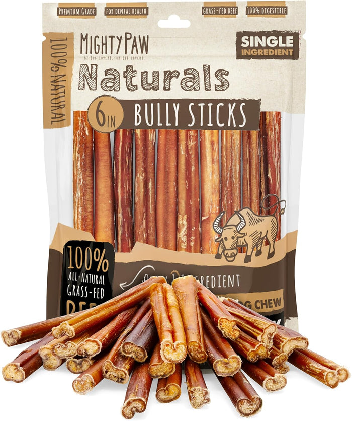 Mighty Paw Long Lasting 12" Bully Sticks for Dogs - All Natural Grass Fed Beef Chews. Lower Odor Dog Bully Sticks for Large Dogs, Medium and Small Breeds. Single Ingredient Treats