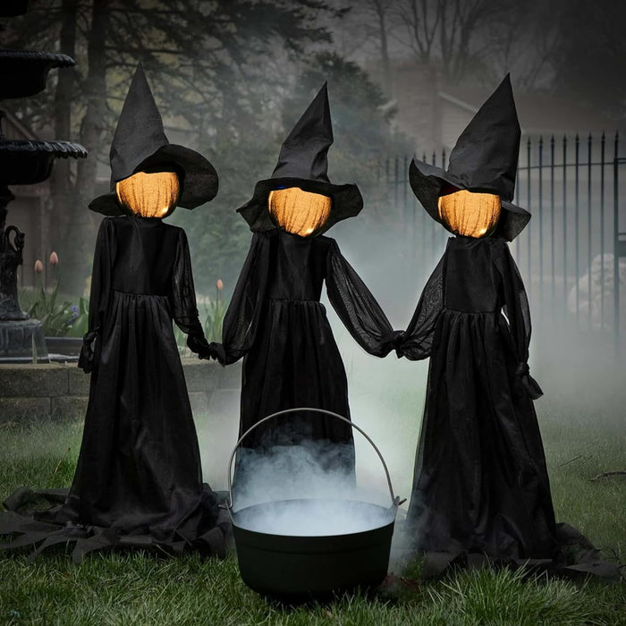 NEROSUN Halloween Decorations, 4 FT Set of 3 Light Up Witches Holding Hands Witches with Stakes, Witch Decorations with Glowing Face for Yard Garden Outdoor Lawn Porch Haunted House Decor