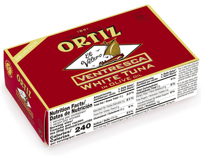 Ortiz Ventresca White Tuna Belly in Olive Oil, Tender Buttery Fillets with Exquisite Flavor, Superior Wild Caught Tuna Packed in Delicate Spanish Olive Oil, 3.88oz Can (Pack of 1)