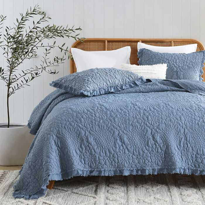 HORIMOTE HOME Beige Ruffled Quilt King Size, Stone-Washed Microfiber Lightweight Crinkled Farmhouse Rustic Shabby Chic Bedding Set, 3 Pieces Reversible Bedspread with Pillow Shams for All Season