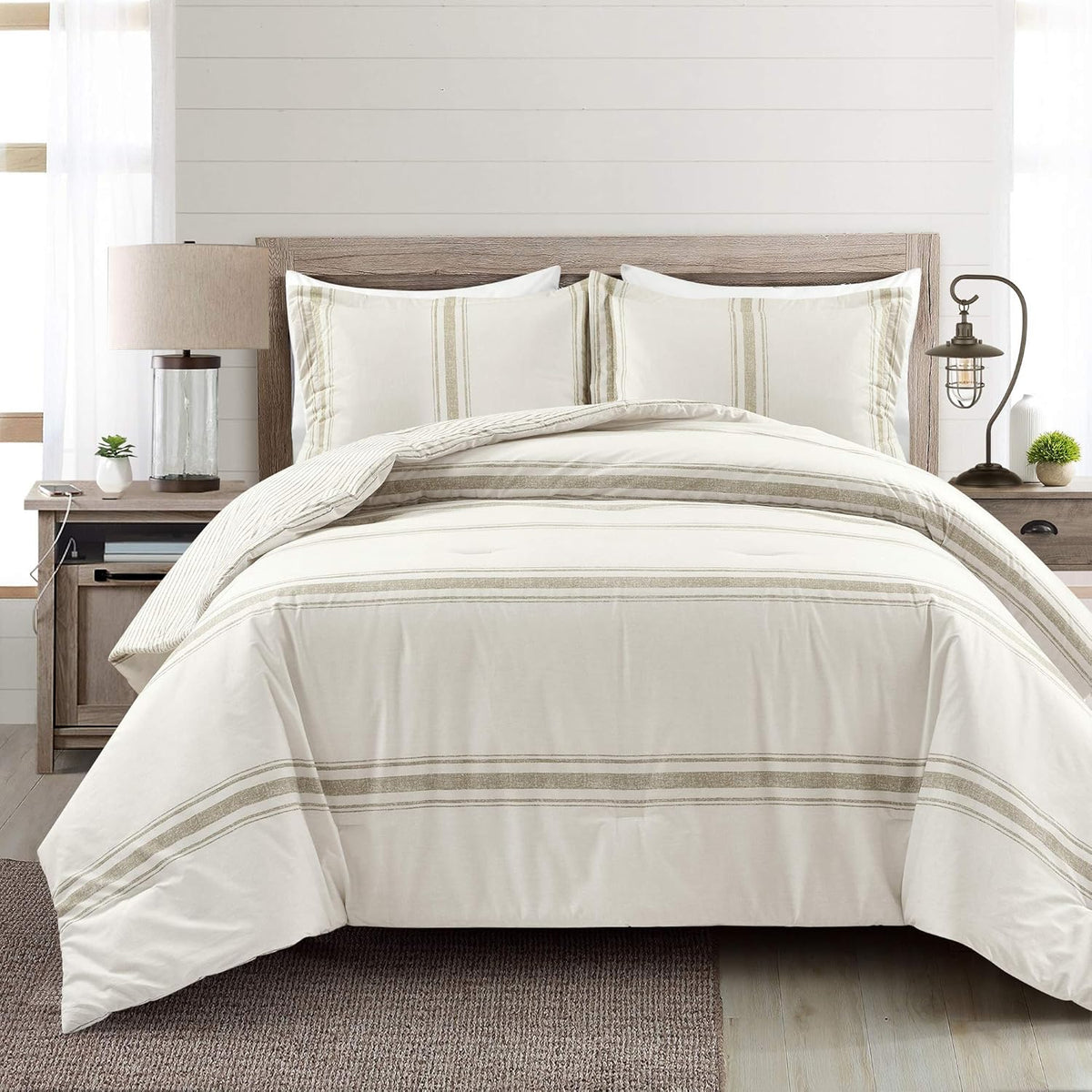 Lush Decor Farmhouse Stripe Reversible Cotton Comforter Set, 3 Piece Set, King, Red - Cozy F𝚊rmhouse Bedding Set - Rustic Decor - Striped Comforter - Modern Farmho𝚞se Bedroom Decor