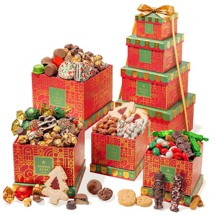 Gift Tower, Candy Gift Basket, Assortment Tray Box- Men, Women, Children Kids & Families- Chocolate- Bonnie and Pop (Christmas)
