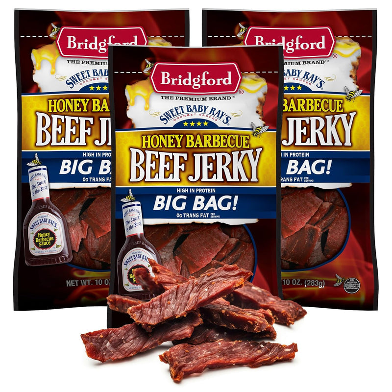 Bridgford Sweet Baby Ray’s Beef Jerky Original 10 oz Pack of 3 - High Protein Healthy Snacks for Your Dietary Preferences - Ready-to-Eat Beef Jerky for On-the-Go Snacking and Busy Lifestyles