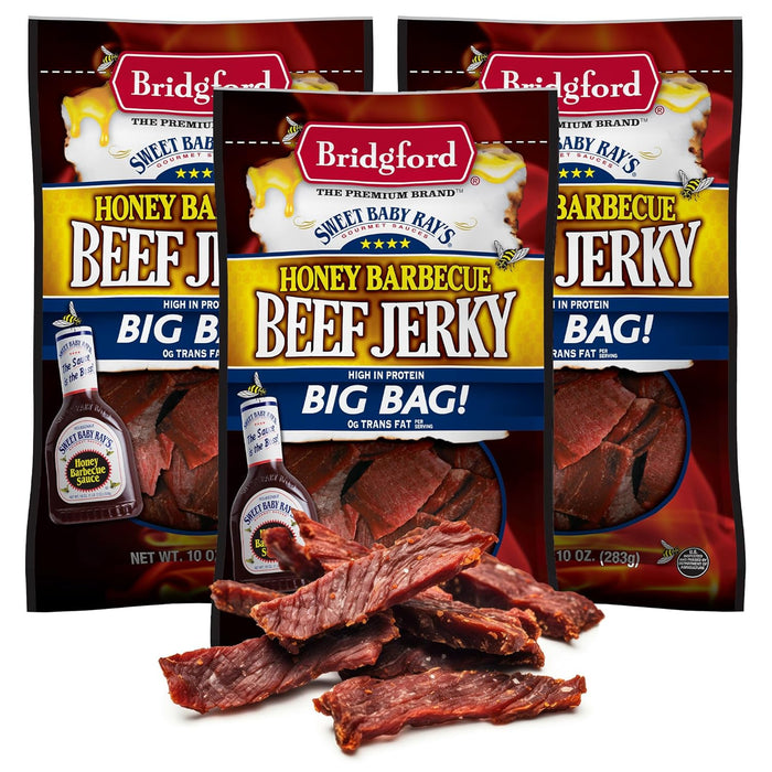 Bridgford Sweet Baby Ray’s Beef Jerky Original 10 oz Pack of 3 - High Protein Healthy Snacks for Your Dietary Preferences - Ready-to-Eat Beef Jerky for On-the-Go Snacking and Busy Lifestyles