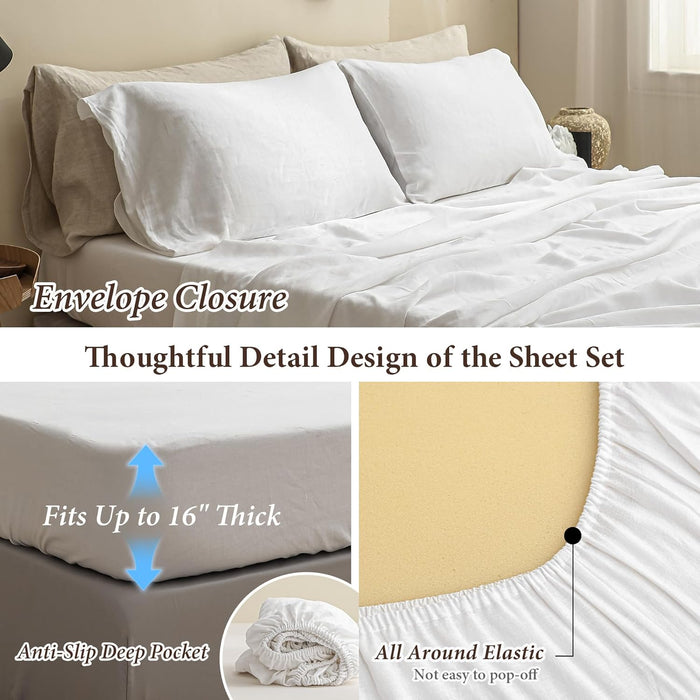 100% Natural Linen Sheets Set 4 Piece - Washed Linen Bedding Set with 16" Deep Pocket Fitted Sheet, Flat Sheet & 2 Pillowcases, Breathable Durable for All Seasons (White, Queen)