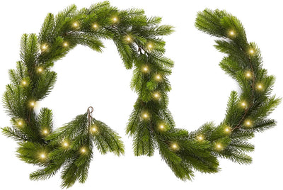 9FT Real Touch Norfolk Pine Garland Christmas with Light Winter Artificial Faux Greenery Garland Table Mantle Stairs Fireplace Wall Decor Outdoor Indoor Porch Home Decorations (Battery Not Included)