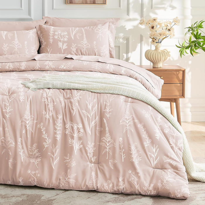 MUXHOMO Terracotta Bed in a Bag Queen 7 Pieces, Queen Comforter Set Reversible Botanical Flowers Design, Ultra Soft & Breathable Bedding Sets with Comforter, Sheets, Pillowcases & Shams