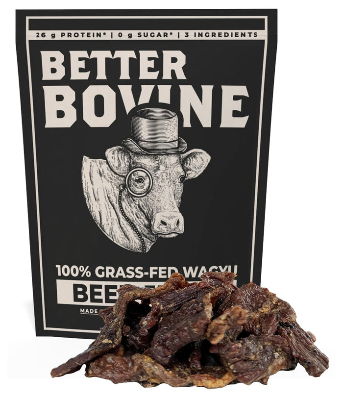 BETTER BOVINE Grass Fed Wagyu Beef Jerky, Keto, Paleo, Low Carb, High Protein, Gluten Free, Sugar Free, Non-GMO, Nitrate Free, Preservative Free, No Antibiotics, No Added Hormones, 26g Protein, 0g Carbs, 180 Calories, Salt and Pepper 5 Pack