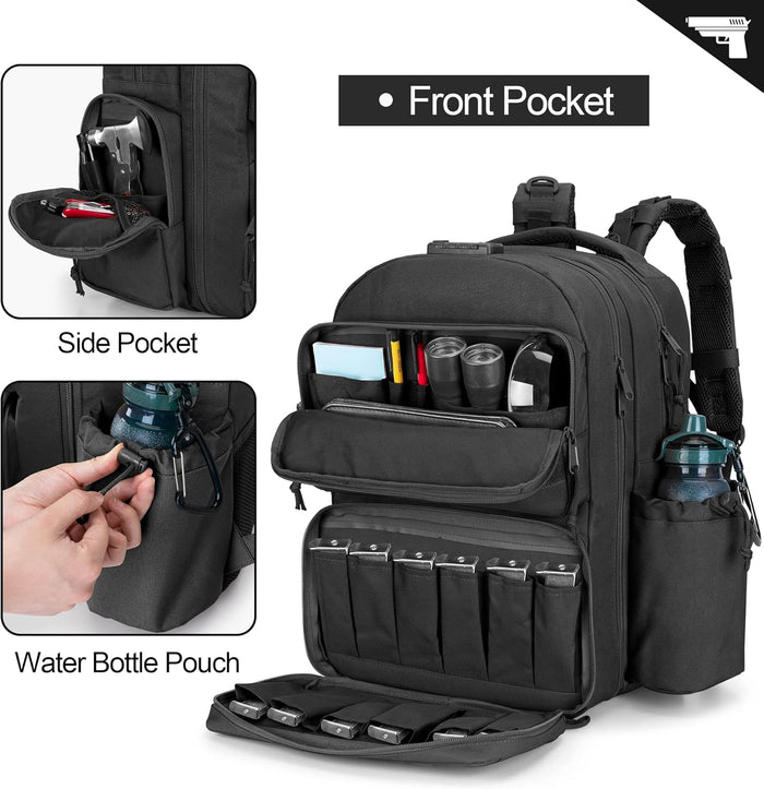 Tactical Pistol Backpack for 4 Handguns and 12 Mags, Gun Range Backpack with TSA Lock and Padded Shoulder Straps, Black