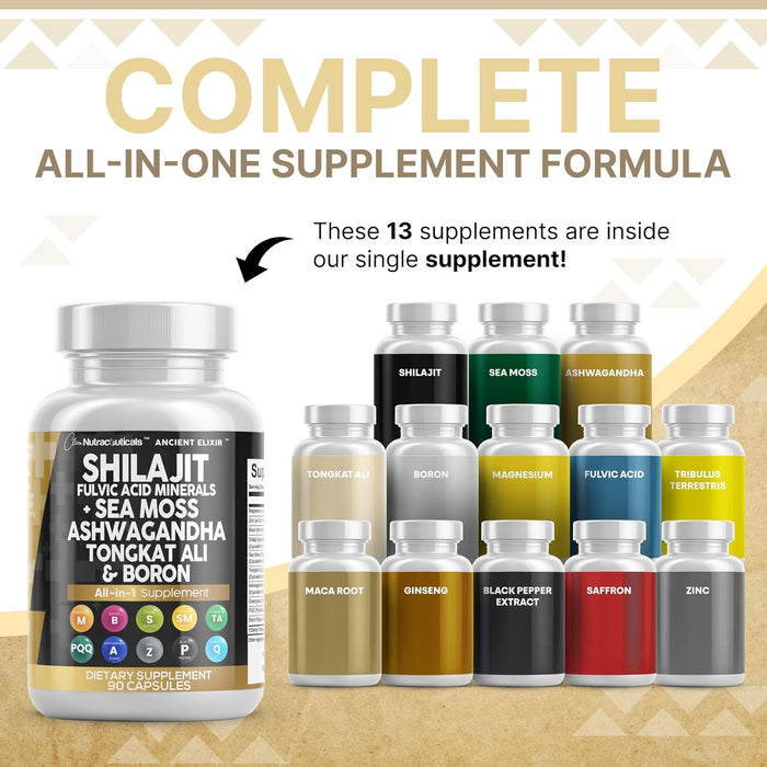 Clean Nutraceuticals Shilajit Supplement for Men with Sea Moss, Tongkat Ali, Ashwagandha, Boron, Zinc, CoQ10, PQQ - Fulvic Acid Capsules - Energy Support - 90 Count - Resin, Gummy & Powder Alternative