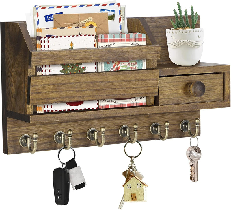 VIS'V Key Holder Wall Mount, Wooden Mail and Key Organizer with Drawer and Shelf, 2 Slots, 6 Hooks, Black