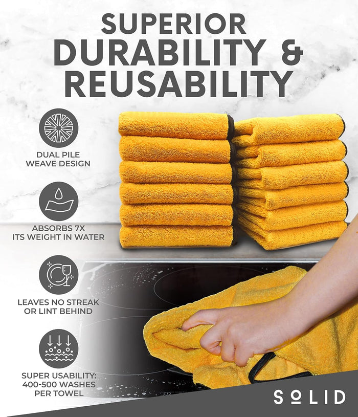 Solid Multipurpose Plush Microfiber Cleaning Cloth Towel for Household, Car Washing, Drying & Auto Detailing - 11" x 22" (6)