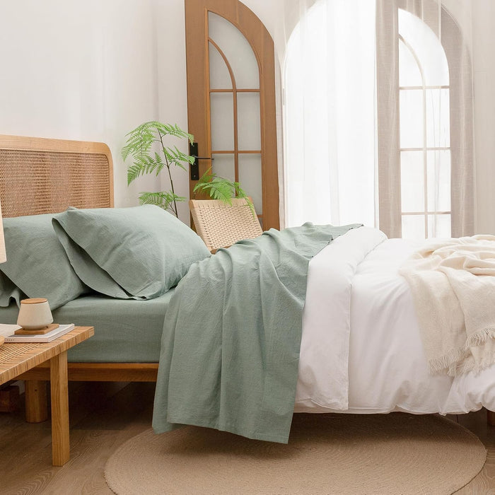 BESTOUCH Sheet Set 100% Washed Cotton Linen Feel Super Soft Comfortable Chic Lightweight 4 Pcs Home Bedding Set Solid Bright White Queen