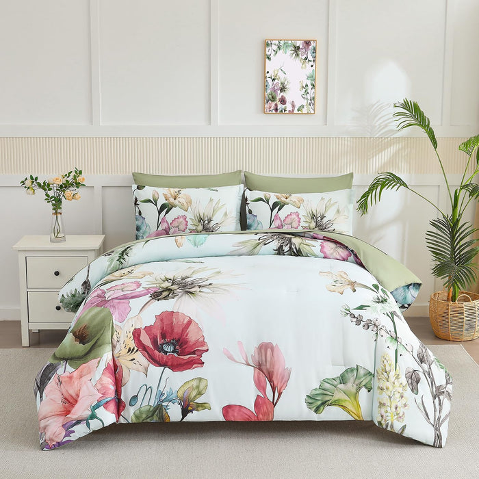 Yogeneg 7 Piece Bed in a Bag Full Size Comforter Set Botanical Floral Bedding Set,White Flower Leaves Printed on Black Reversible Design,Soft Microfiber Comforter with Sheet Set,All Season(Black,Full)