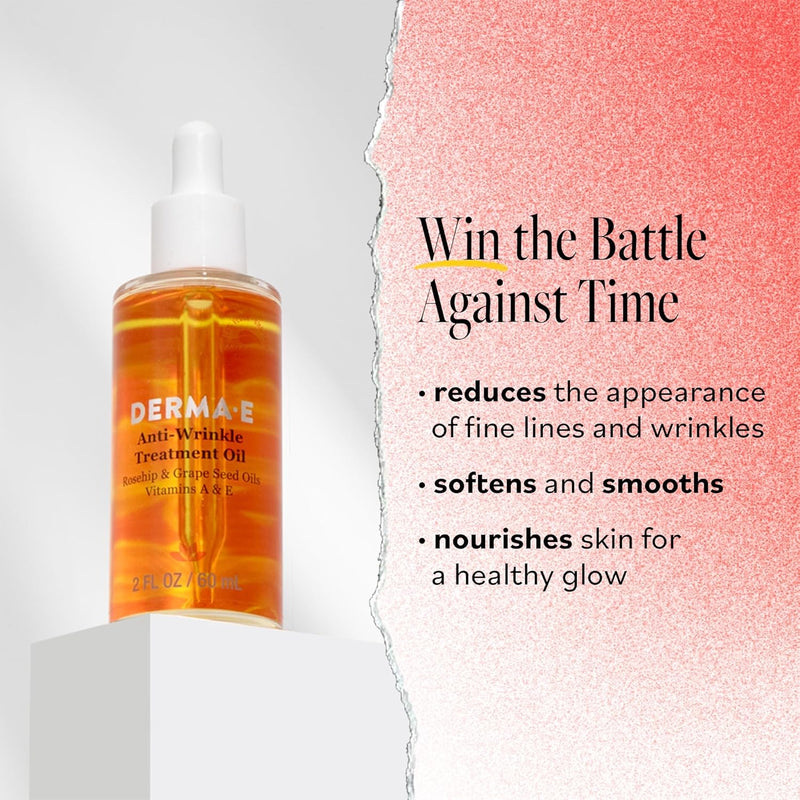 DERMA E Anti-Wrinkle Treatment Oil – Anti-Aging Face Oil with Vitamin A and Vitamin E – Fragrance Free Face and Neck Moisturizer for Youthful, Vibrant Skin, 2 oz