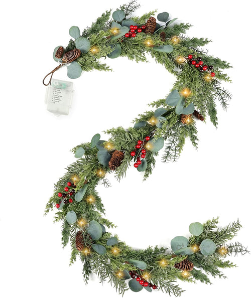 6FT Christmas Garland with Lights Artificial Pine Cypress Eucalyptus Garland with Red Berries Christmas Tips Cedar Garlands,Christmas Decorations Holiday Indoor Outdoor Winter Garland