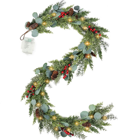 6ft Christmas Garland with Lights Artificial Cedar Cypress Garland with Pine Cones Garland for Home Fireplace Wall Indoor Outdoor Holiday Party Decoration