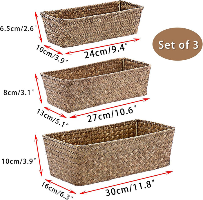 3 Natural Wicker Basket Set Rectangular Handwoven Seagrass Basket Storage Bins Home Organizer Bins - Household Basket Box for Shelf Wardrobe Desktop Home Decor (Coffee)