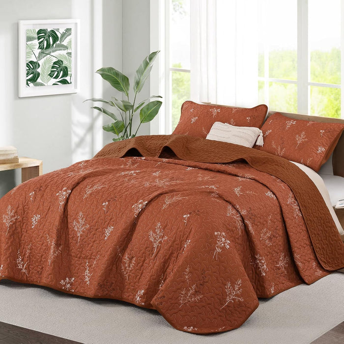 Drucon Burnt Orange Quilt Set King Size Branch Bedspread Coverlet Set, Terracotta Botanical Floral Pattern Quilted Bedding Set 3 Piece Lightweight Microfiber Bed Cover for All Season (104''x90'')