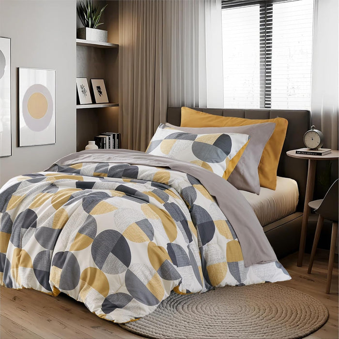 Stylish Three-Tone Printed Full Size Comforter Set, Bed in a Bag 9-Piece Bedding Set, Ultra-Soft Microfiber Comforter and Sheets Set, Warm and Cozy for All Seasons, Navy Blue & Grey