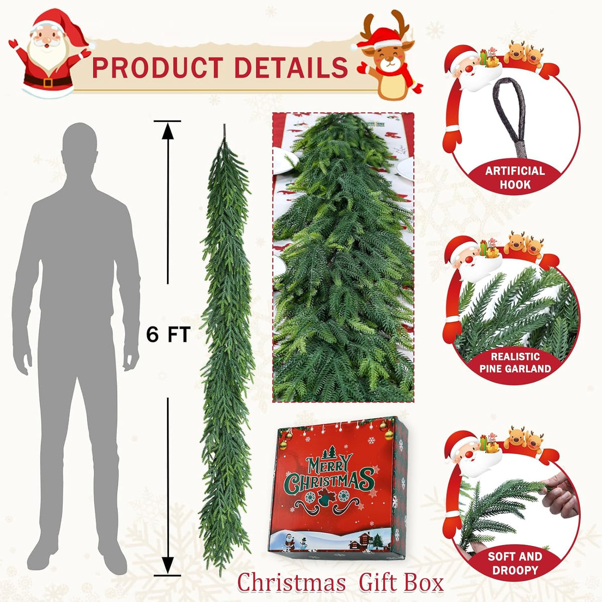 72 Inches Christmas Cedar Garland for Staircase Real Touch Droopy Bendable Lifelike Faux Xmas Garlands for Decoration Christmas Green Pine Mantle Garland Thanksgiving Table Decorations Outdoor Indoor