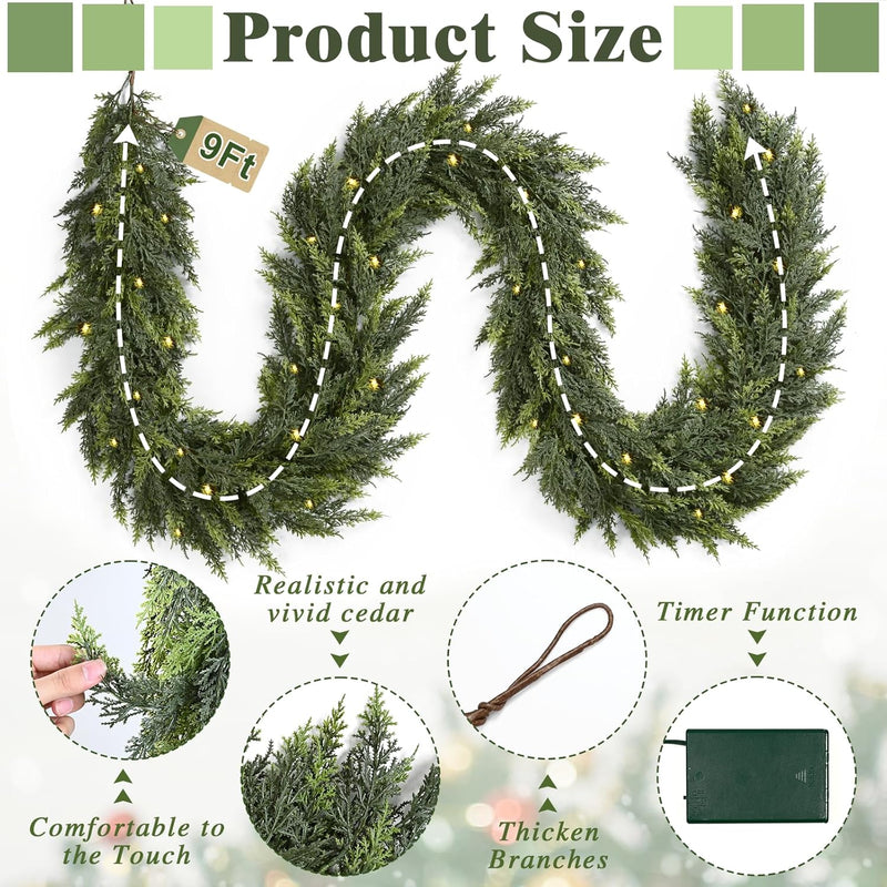 Waipfaru 1 Pcs 9FT Christmas Garland with Lights, Cedar Garland Artificial Realistic, Thick & Lush Faux Pine Garland for Mantle Fireplace Wall Party Outdoor Indoor Christmas Decorations