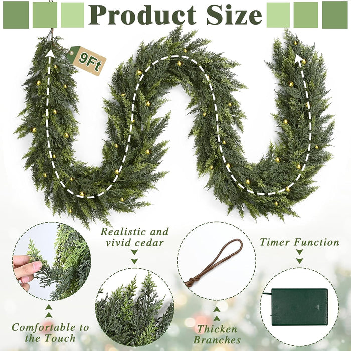 Waipfaru 1 Pcs 9FT Christmas Garland with Lights, Cedar Garland Artificial Realistic, Thick & Lush Faux Pine Garland for Mantle Fireplace Wall Party Outdoor Indoor Christmas Decorations