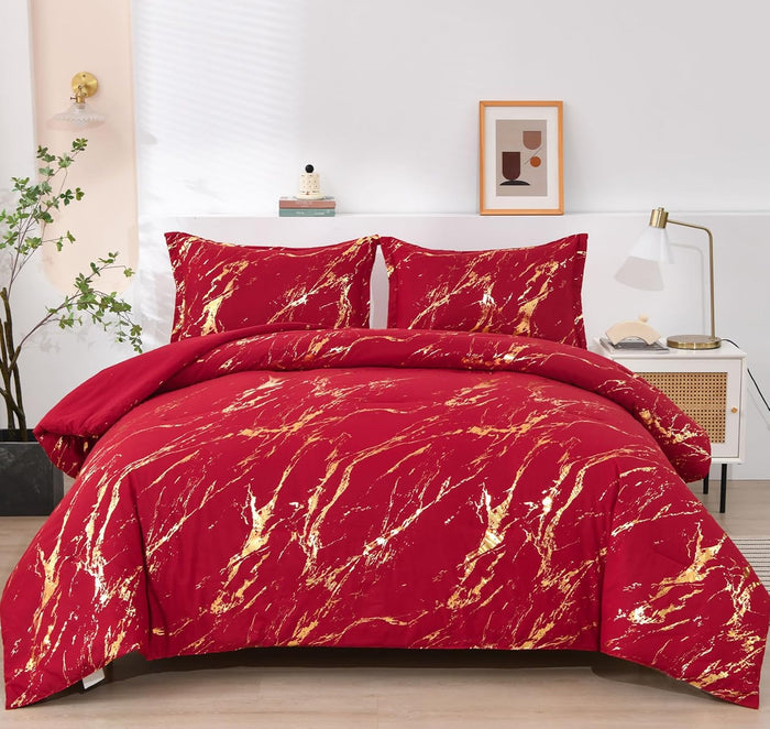 WONGS BEDDING White Gold Metallic Marble Comforter Set Queen Foil Print Glitter Bedding Sets with 2 Pillowcases for All Seasons, Soft Microfiber Filling Bedding Duvet Set 90"x90"