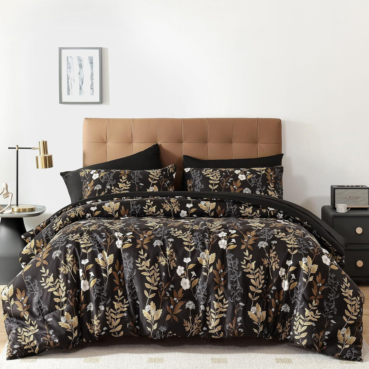 WONGS BEDDING Botanical Comforter Set Queen, 7 Pieces Green Reversible Bed in a Bag Floral Leaves Bedding Soft Microfiber Queen (1 Comforter,2 Pillowcase,2 Pillow Shams,1 Flat Sheet,1 Fitted Sheet)