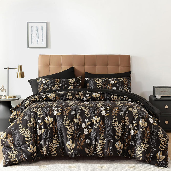 WONGS BEDDING Botanical Comforter Set Queen, 7 Pieces Green Reversible Bed in a Bag Floral Leaves Bedding Soft Microfiber Queen (1 Comforter,2 Pillowcase,2 Pillow Shams,1 Flat Sheet,1 Fitted Sheet)