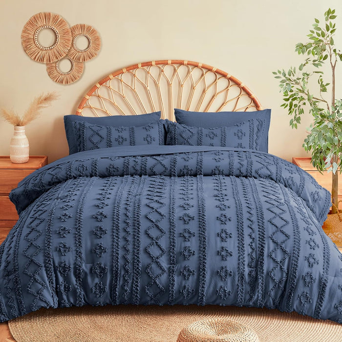 MR&HM Beige Comforter Set Queen, Tufted Boho Bedding Set, Farmhouse Bed in a Bag Set 7 Pieces with 1 Comforter, 2 Pillow Shams, 2 Pillowcases, 1 Flat Sheet, 1 Fitted Sheet for All Seasons