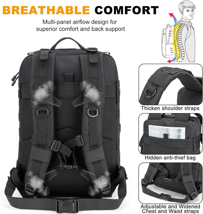 45L Large Gear Tactical Military Rucksack – Durable, Water Resistant, MOLLE Assault Pack for 3 Day Trips, Daily, for Men Women(Black)