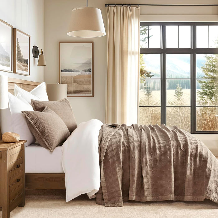 EVERGRACEHOME Stonewashed Cotton Quilt Set King Size, Ultra Soft Oversized Bedspread Coverlet Set, Lightweight Crinkle Box Stitch Bedding Sets for All Season, with 2 Shams, Mocha Brown