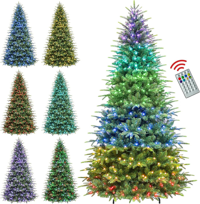 Hykolity 7.5 ft Snow Flocked Christmas Tree, Artificial Christmas Tree with 450 Warm White Lights, 1446 Tips, Metal Stand and Hinged Branches