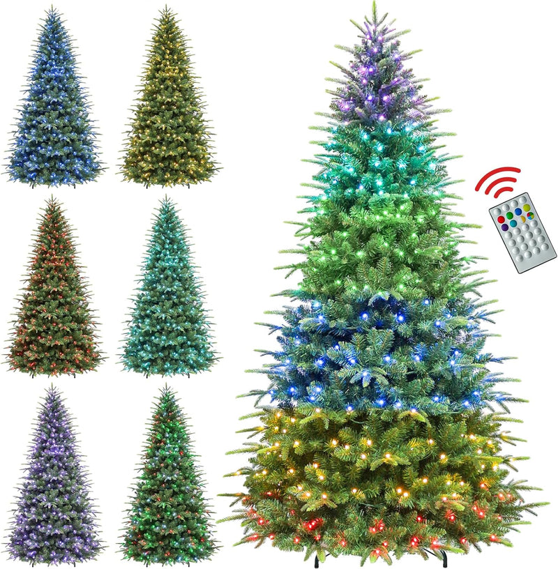 Hykolity 7.5 ft Snow Flocked Christmas Tree, Artificial Christmas Tree with 450 Warm White Lights, 1446 Tips, Metal Stand and Hinged Branches