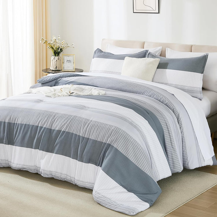 Andency Queen Comforter Set Mineral Blue - 7 Pieces Blue Striped Lightweight Bed in a Bag, Soft Microfiber Reversible Bedding Set with Comforter, Fitted & Flat Sheet, Pillowcases & Shams