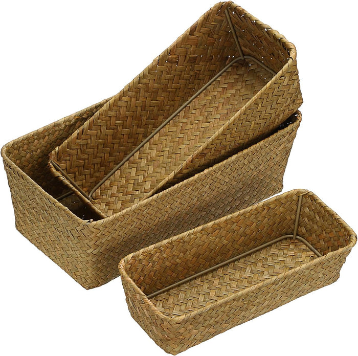3 Natural Wicker Basket Set Rectangular Handwoven Seagrass Basket Storage Bins Home Organizer Bins - Household Basket Box for Shelf Wardrobe Desktop Home Decor (Coffee)