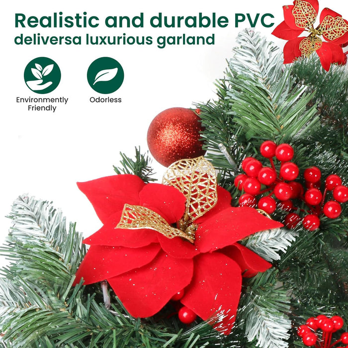 Christmas Garland with Lights, 30 LED 9FT Prelit Christmas Garland for Mantle,Outdoor Indoor Christmas Decorations Garland Battery Operated with Bows,Flowers,for Stairs,Railing,Fireplace,Front Door