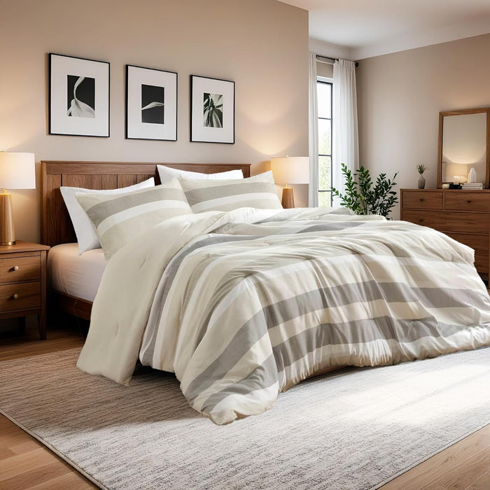Queen Comforter Set, 3 Pieces Striped Bed Set, Soft Brushed Microfiber Reversible Bedding Set for All Season, Lightweight & Breathable Bedding Set with Comforter & Shams, Neutral