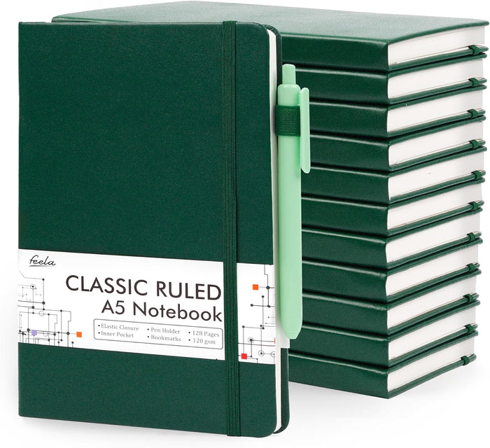 12 Pack Notebooks Journals Bulk with 12 Black Pens, Feela A5 Hardcover Notebook Classic Ruled Journal Set with Pen Holder for School Business Work Travel Writing, 120 GSM, 5.1”x8.3”, Gray