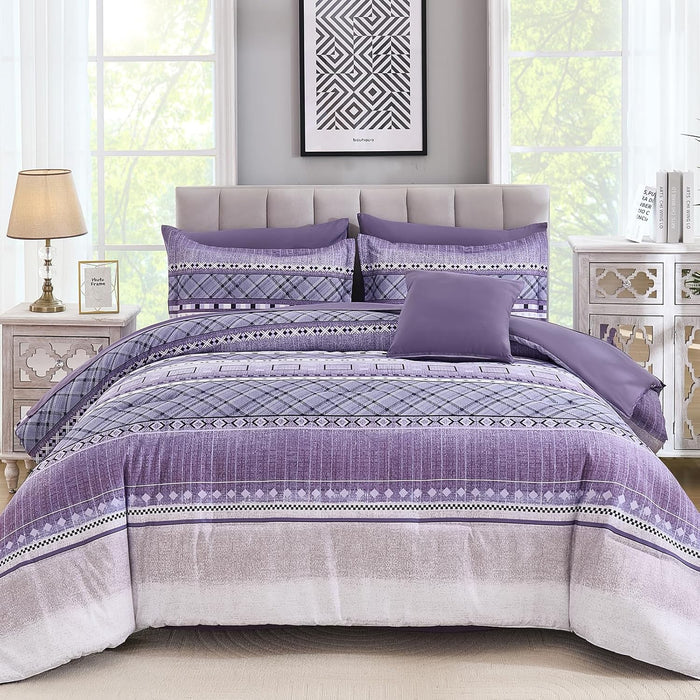 WONGS BEDDING 8 Piece Queen Size Comforter Set, Texture Striped Bed in a Bag Grey Comforter and Sheet Set, Boho Lightweight Microfiber Bedding Set for All Season (90"×90")