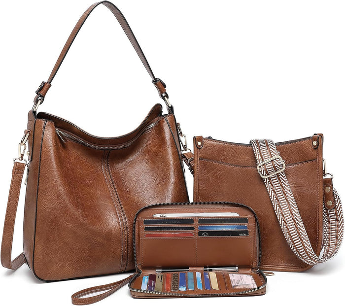Purses for Women 3PCS, Crossbody Bags Set Large Leather Purse Shoulder Handbags with Wallet Adjustable Straps for Ladies Tote