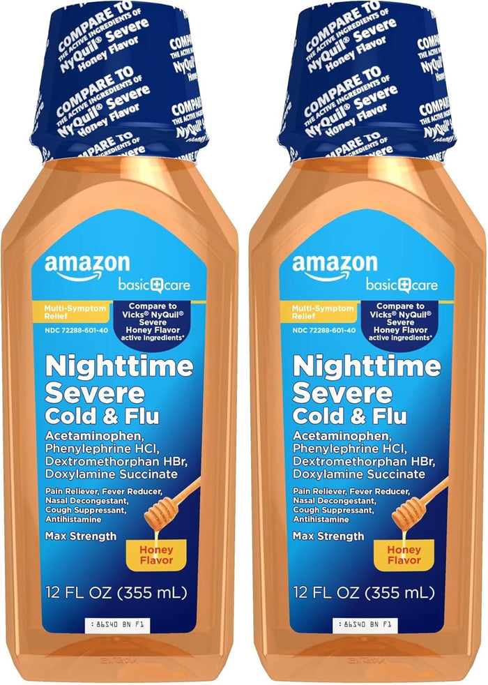 Amazon Basic Care Night Time Cold & Flu Liquid, Cherry, 12 fl oz (Pack of 1)